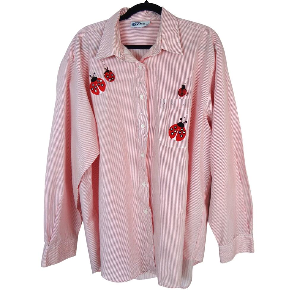 Vintage 90s Las Olas Red Button Down Shirt Embroidered Ladybug Rhinestone XL